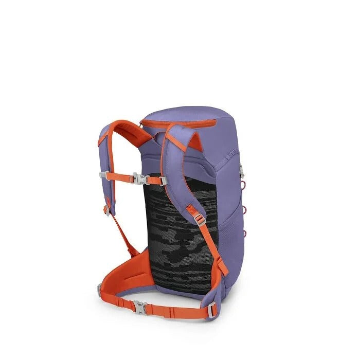 Purple and orange backpack on a white background