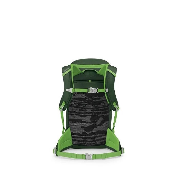 Green and black backpack on a white background
