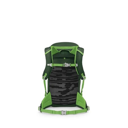 Green and black backpack on a white background