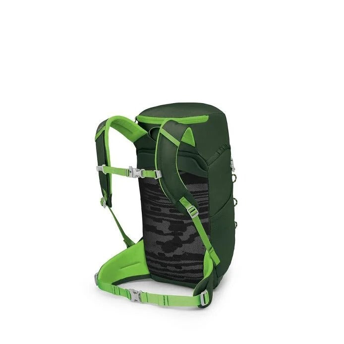 Green and black backpack on a white background