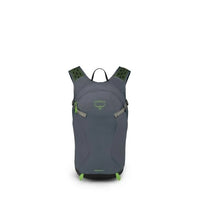 Gray Osprey backpack with green accents on a white background