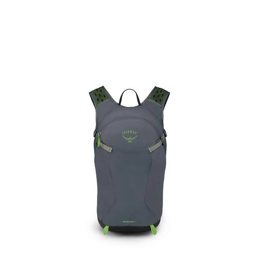Gray Osprey backpack with green accents on a white background