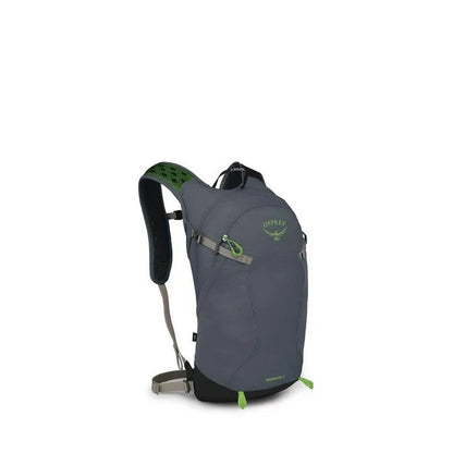 Gray Osprey backpack with green accents on a white background