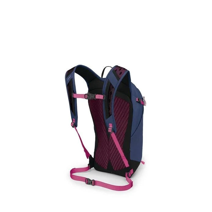 Backpack with pink and blue design on a white background