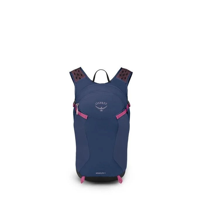 Blue Osprey backpack with pink accents on a white background