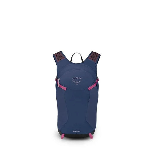 Blue Osprey backpack with pink accents on a white background