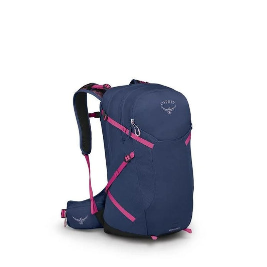 Blue Osprey backpack with pink accents on a white background