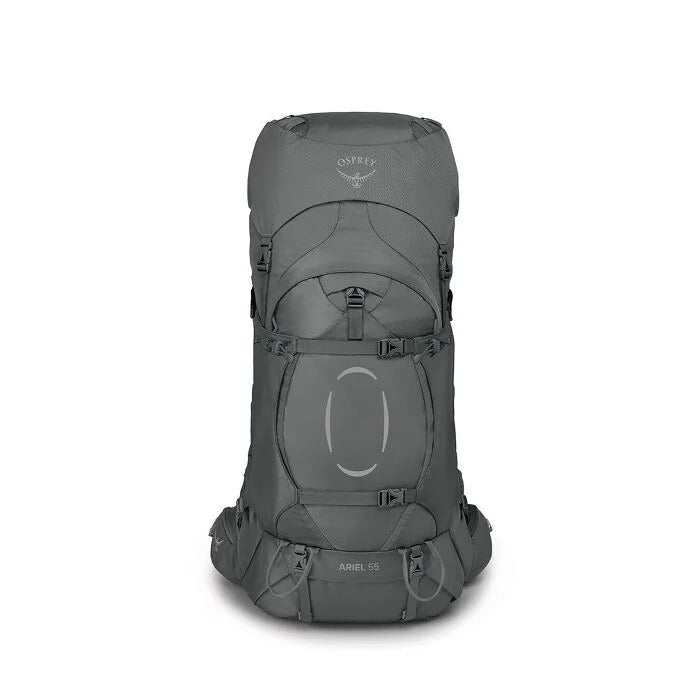 Gray backpack with Osprey logo on a white background