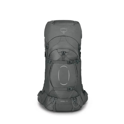 Gray backpack with Osprey logo on a white background