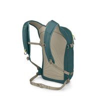 Teal and beige backpack on a white background