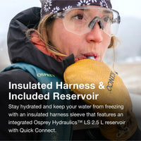Person using a hydration system with text about insulated harness and reservoir