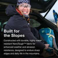 Person with a blue backpack in a car, wearing winter gear, with text about durable fabric.