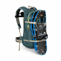 Teal and blue backpack with snowshoes attached on a white background