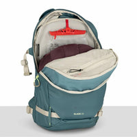 Open teal backpack with interior organization on a white background