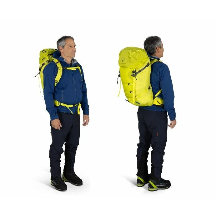Person wearing a yellow backpack from front and back views on a white background