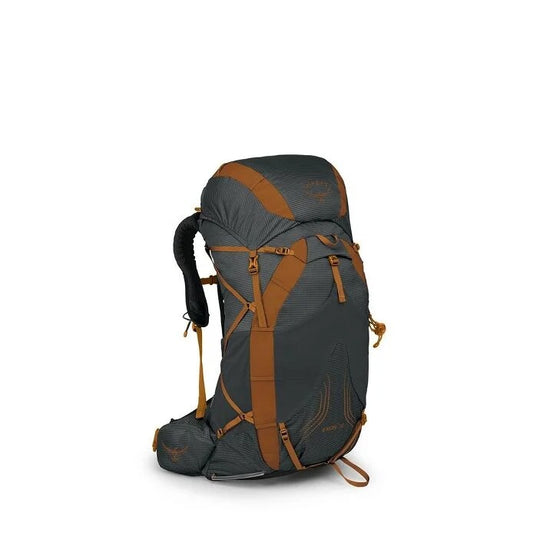Gray and brown hiking backpack on a white background