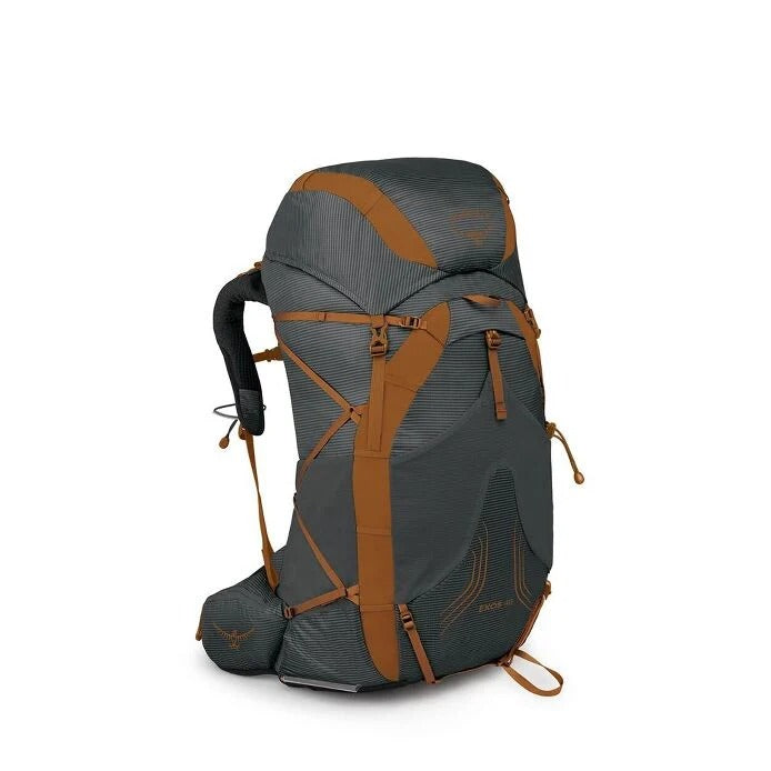 Gray and brown hiking backpack on a white background