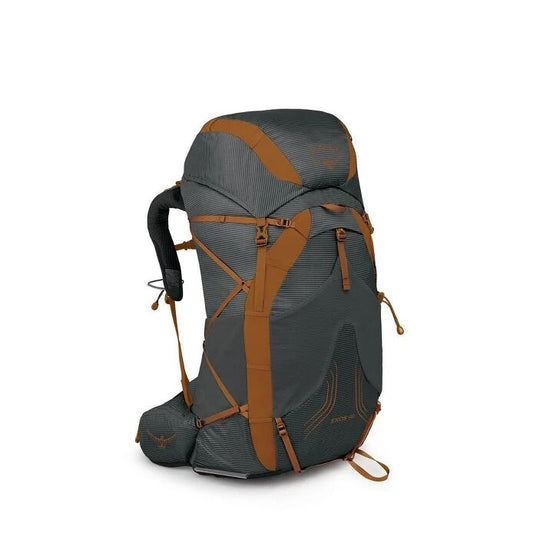 Gray and brown hiking backpack on a white background