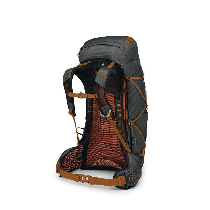 Hiking backpack with gray and brown design on a white background