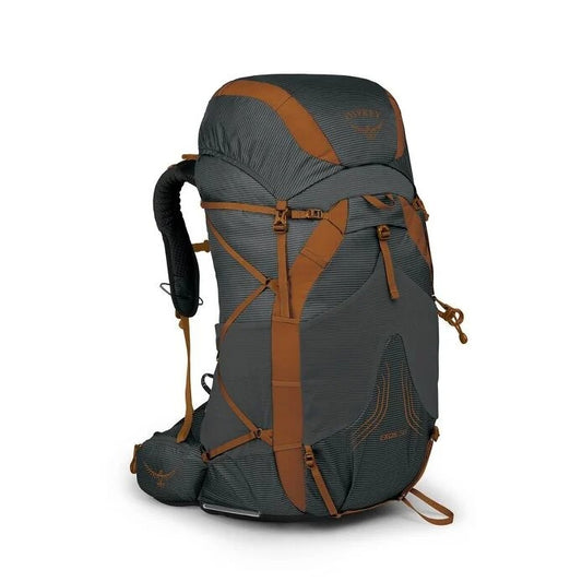 Gray and brown backpack on a white background