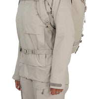 Beige jacket and pants with a backpack on a white background
