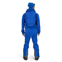 Person wearing a blue snowsuit on a white background