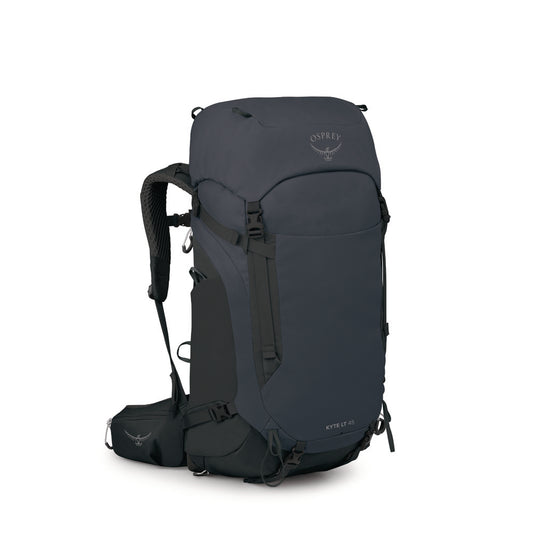 Kyte LT 45 backpacking pack in black, with front zip pocket and side compression straps
