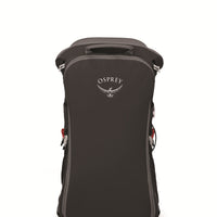 Black fabric baby carrier backpack with OSPREY logo on back panel