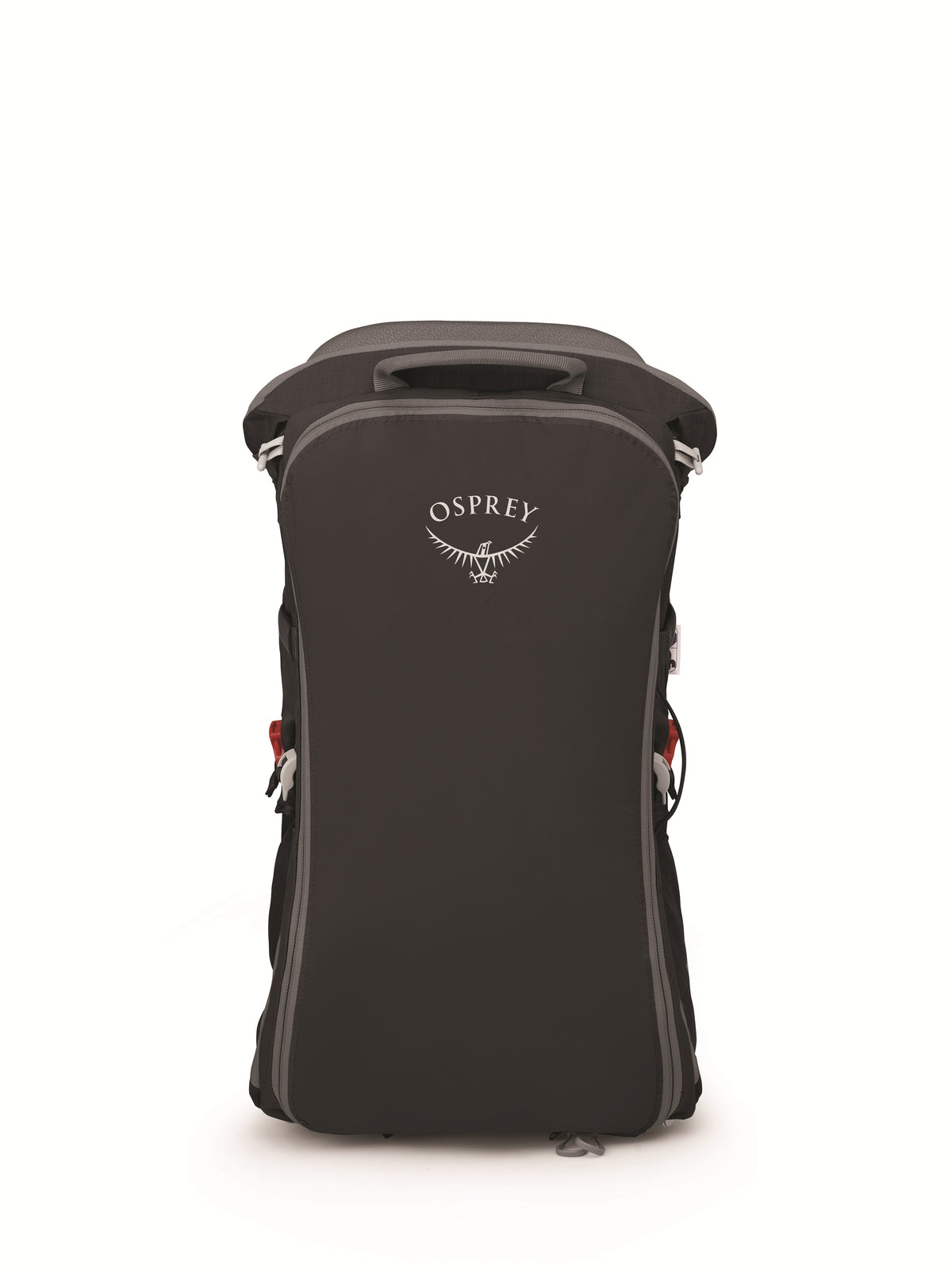 Black fabric baby carrier backpack with OSPREY logo on back panel