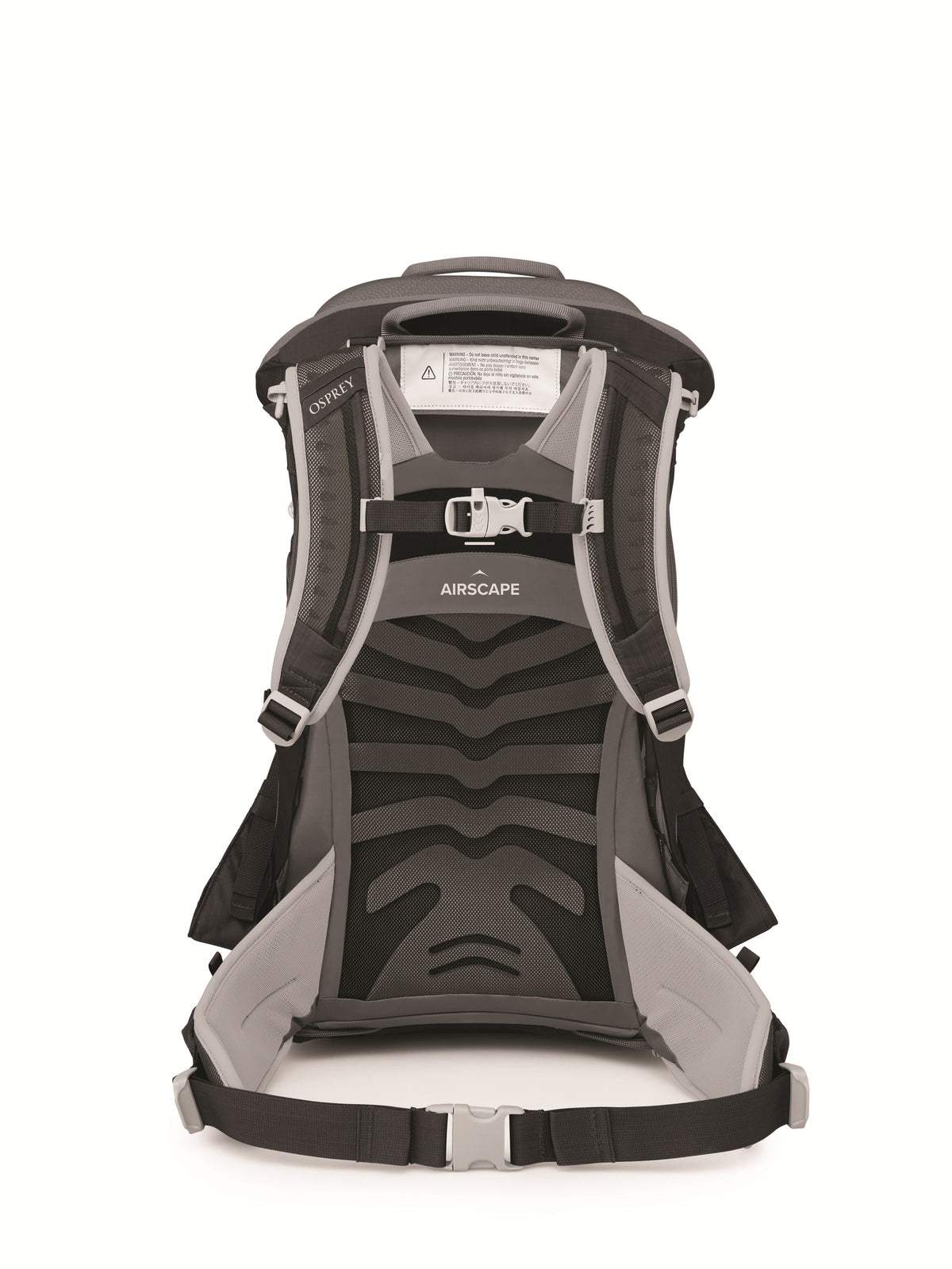 Black fabric child backpack carrier with open AirScape ventilation back panel