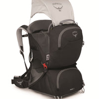 Two-tone gray and black baby carrier backpack with canopy and front zip pocket