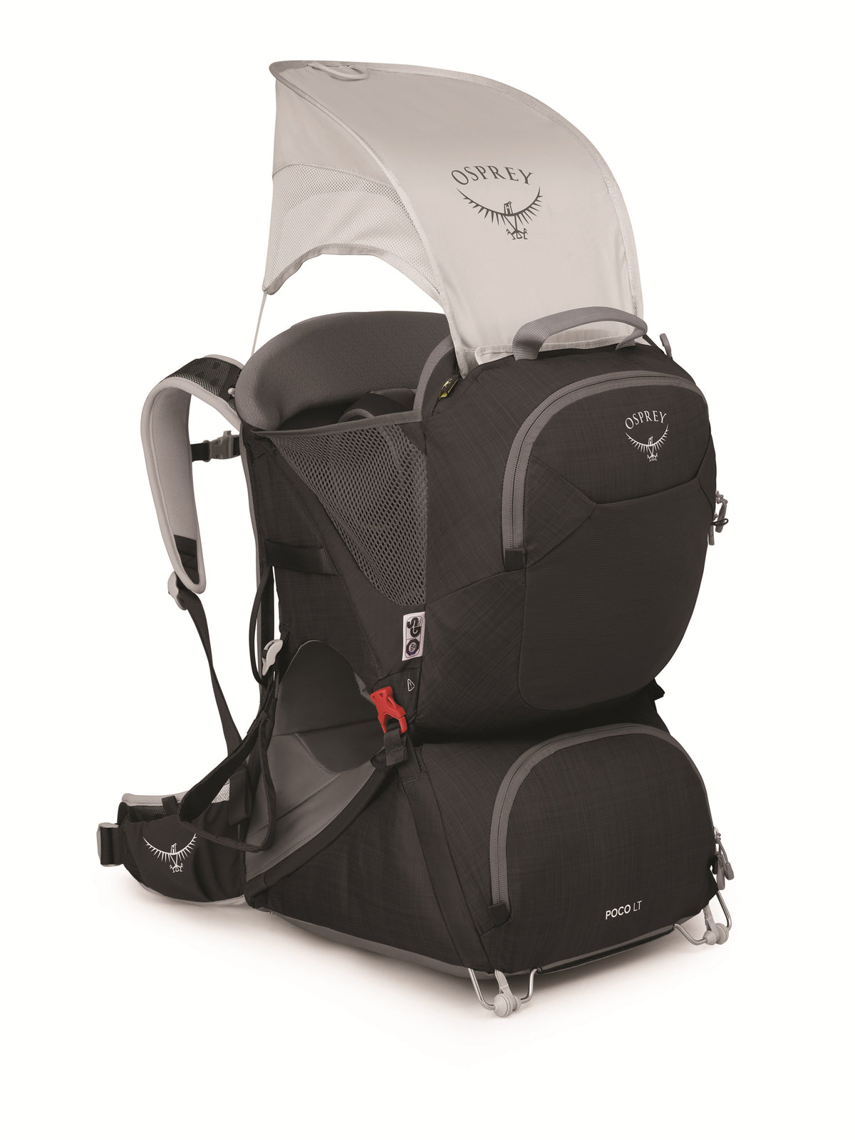 Two-tone gray and black baby carrier backpack with canopy and front zip pocket