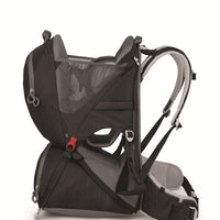 Black baby carrier backpack with mesh side panel and adjustable safety harness