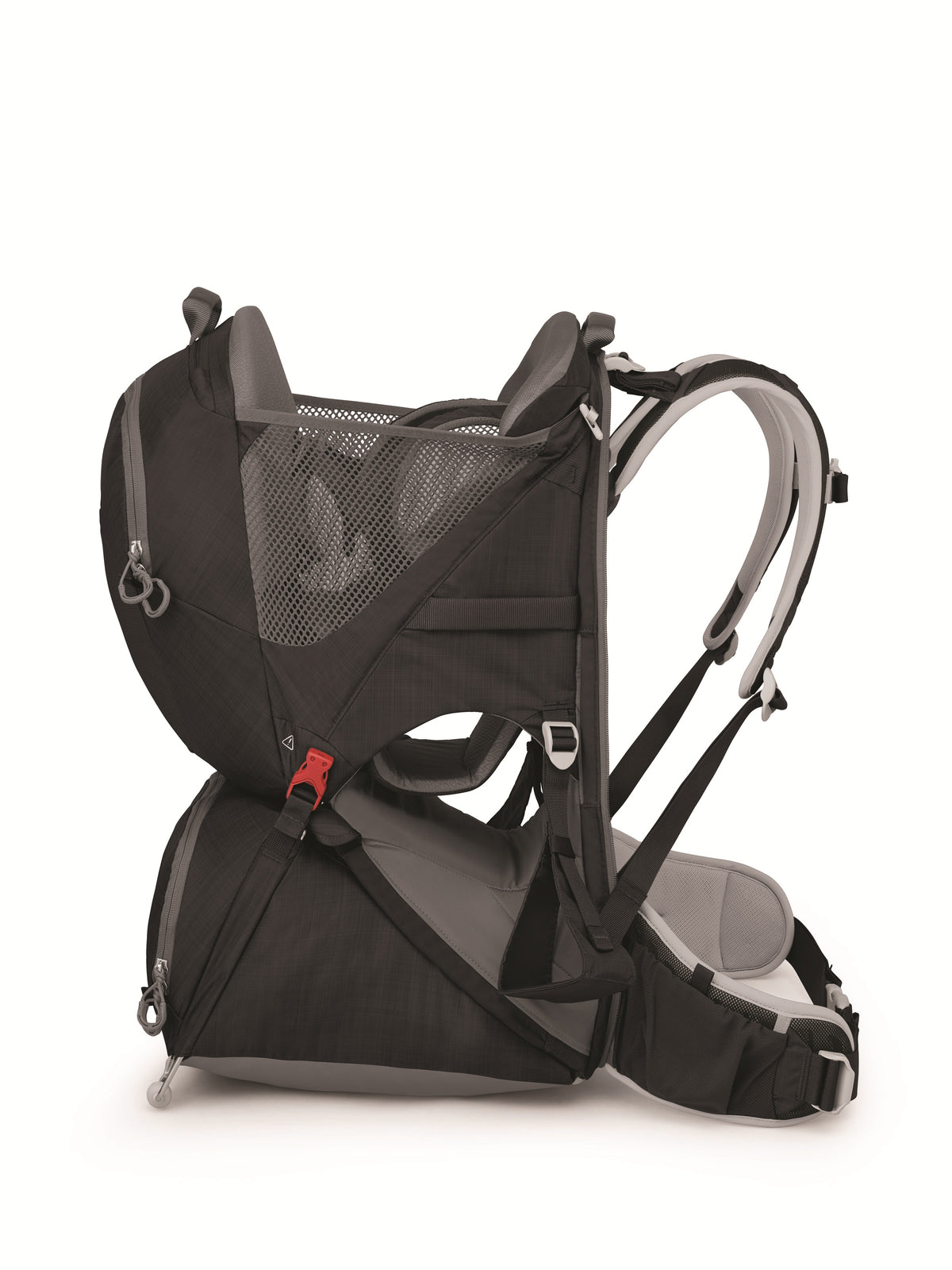 Black baby carrier backpack with mesh side panel and adjustable safety harness