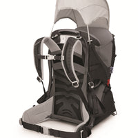 Two-tone light gray and black baby carrier with AirScape back panel and canopy