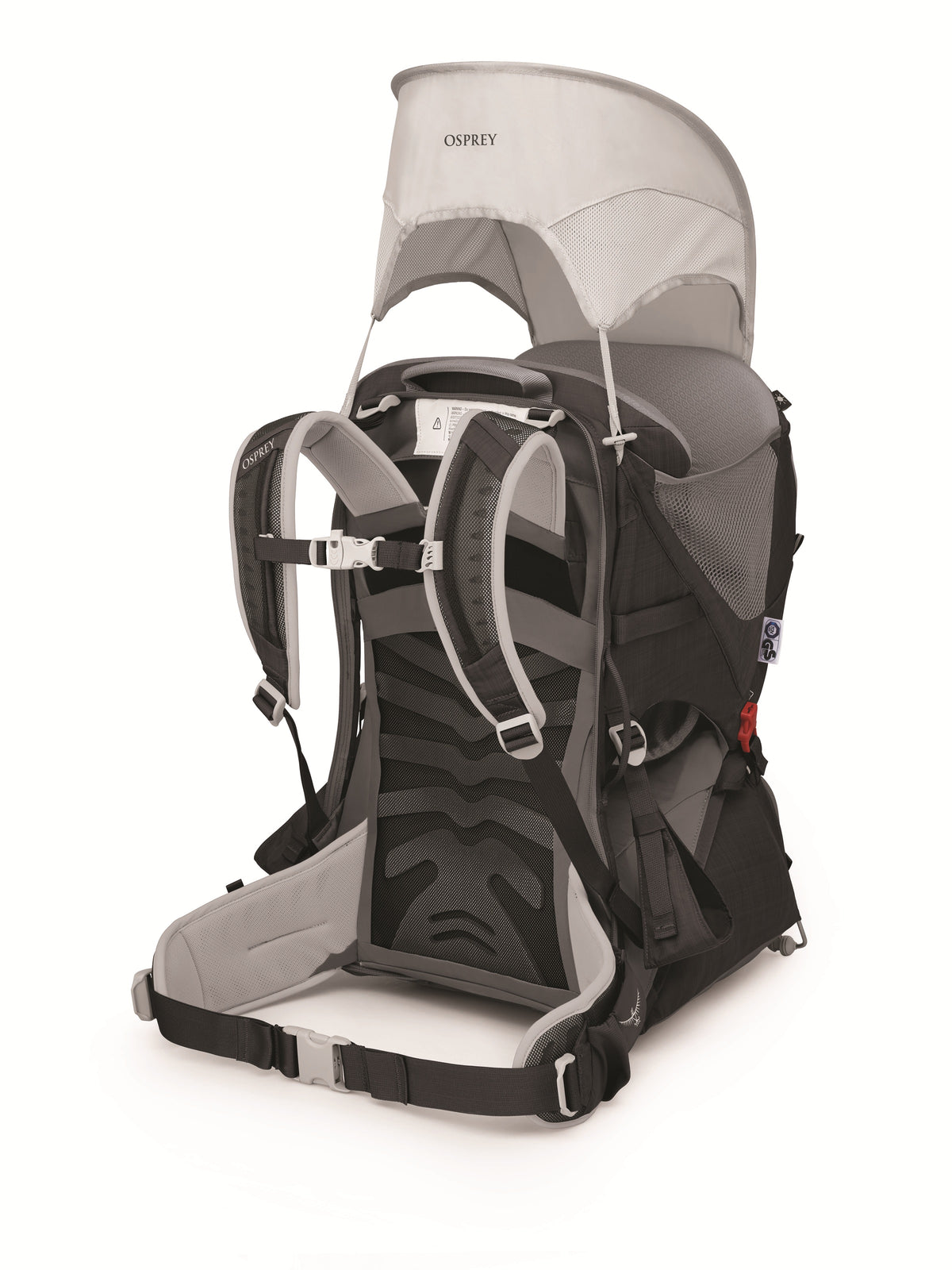 Two-tone light gray and black baby carrier with AirScape back panel and canopy
