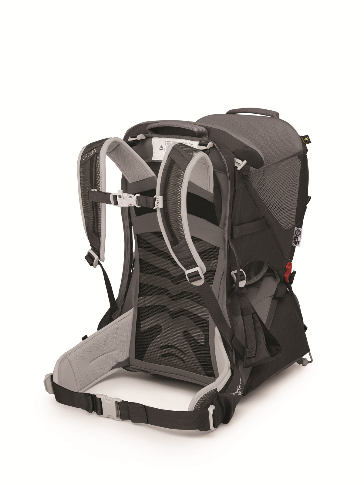 Black baby carrier with open AirScape back and gray padded seat
