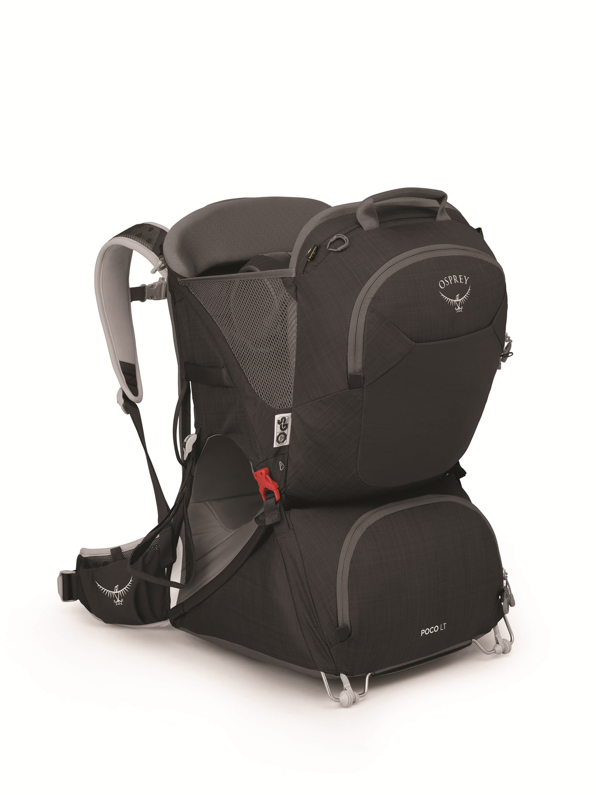 Black baby carrier backpack with front mesh panel and padded adjustable straps