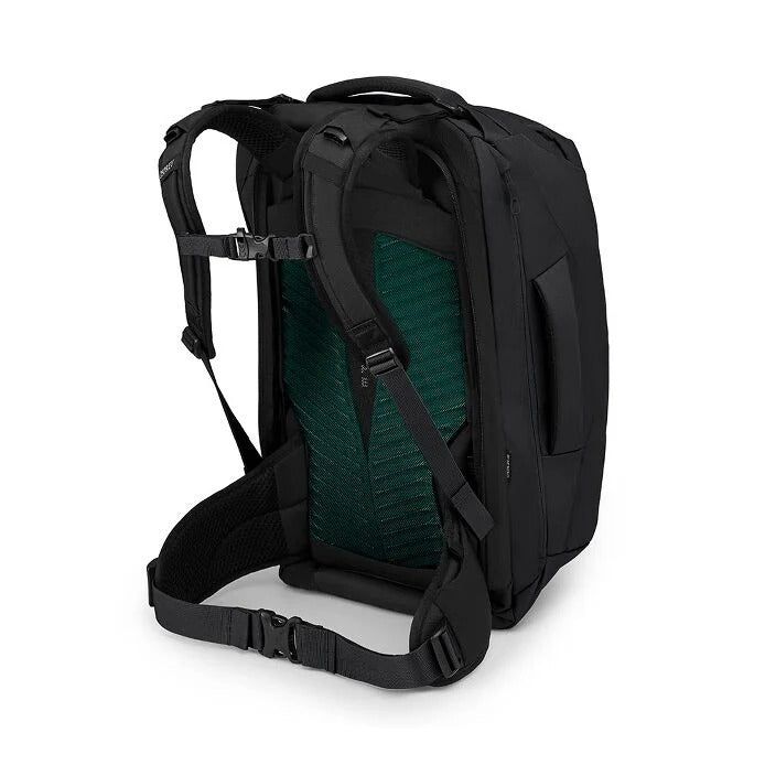 Black backpack with green interior on a white background