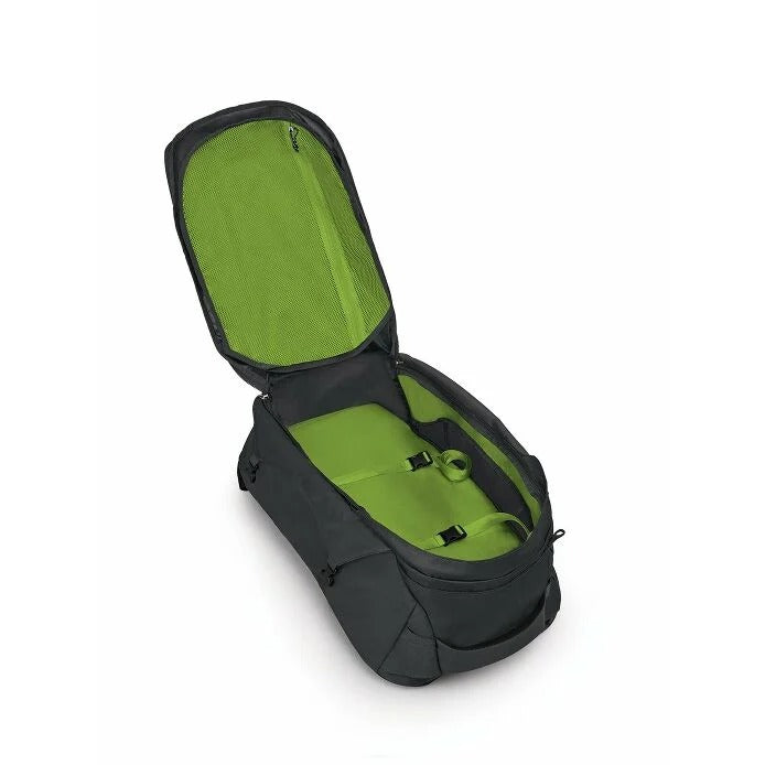 Black backpack with green interior on a white background