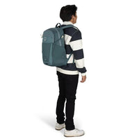 Teal daypack backpack shown from behind with padded straps and back panel