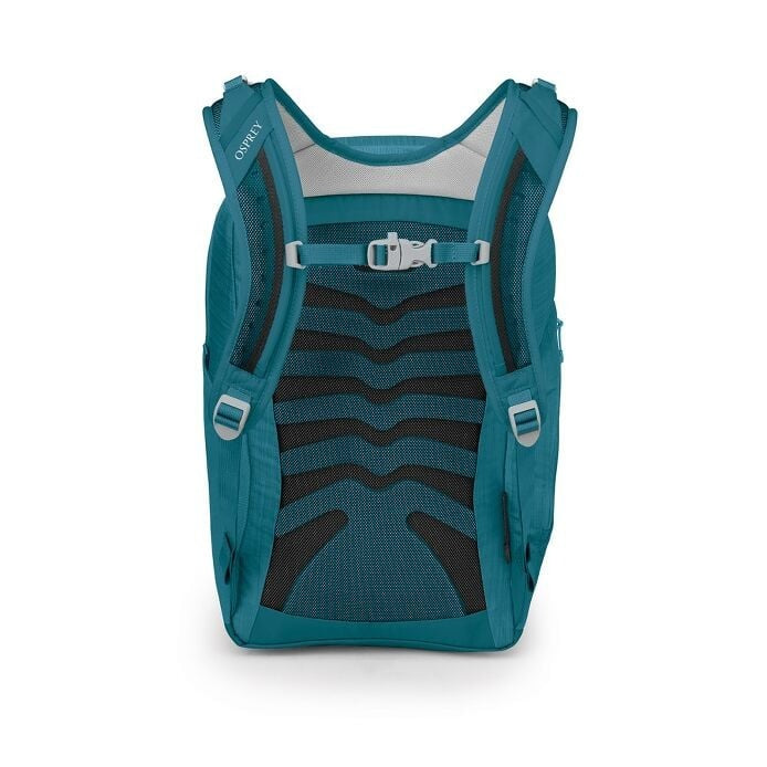 Teal backpack with black accents on a white background