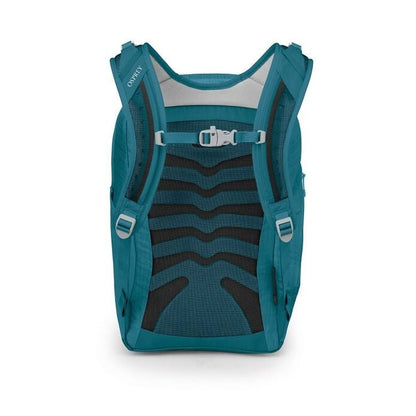 Teal backpack with black accents on a white background