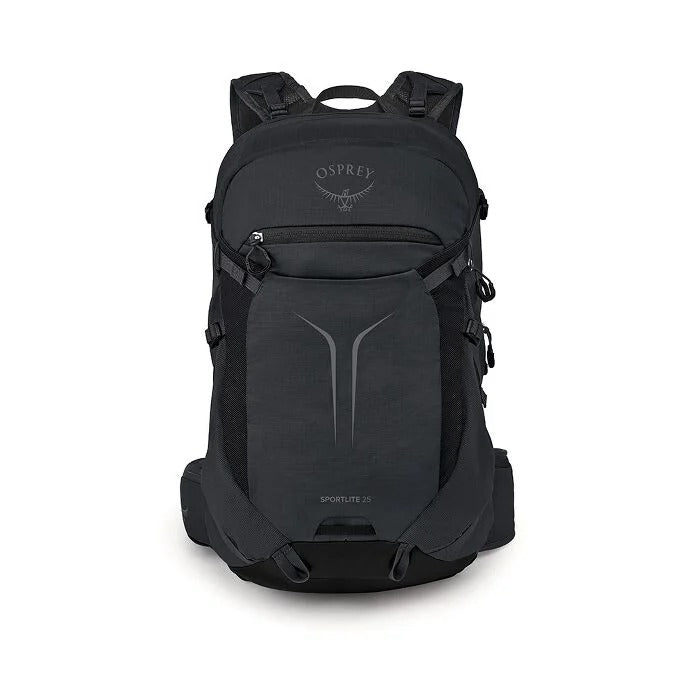 Black hiking backpack with front organizer pocket and adjustable chest strap