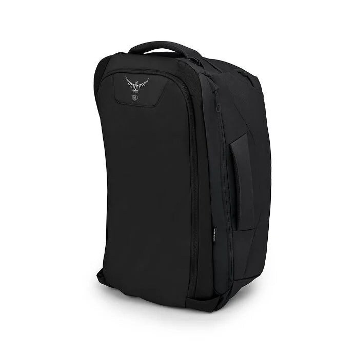 Black backpack with a brand logo on a white background
