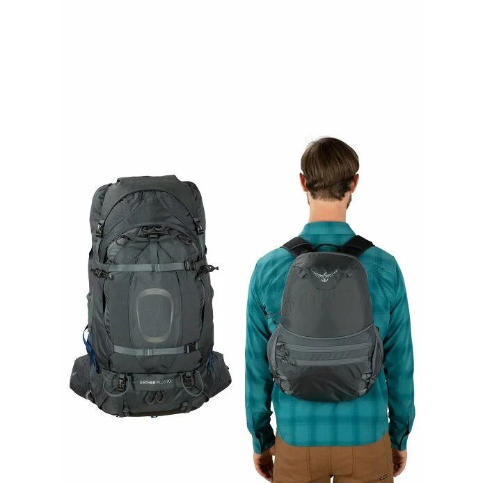 Gray backpack shown from front and back, with a person wearing it on a white background