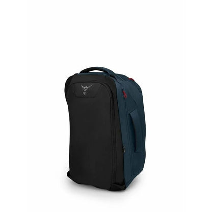 Black and blue backpack with a brand logo on a white background
