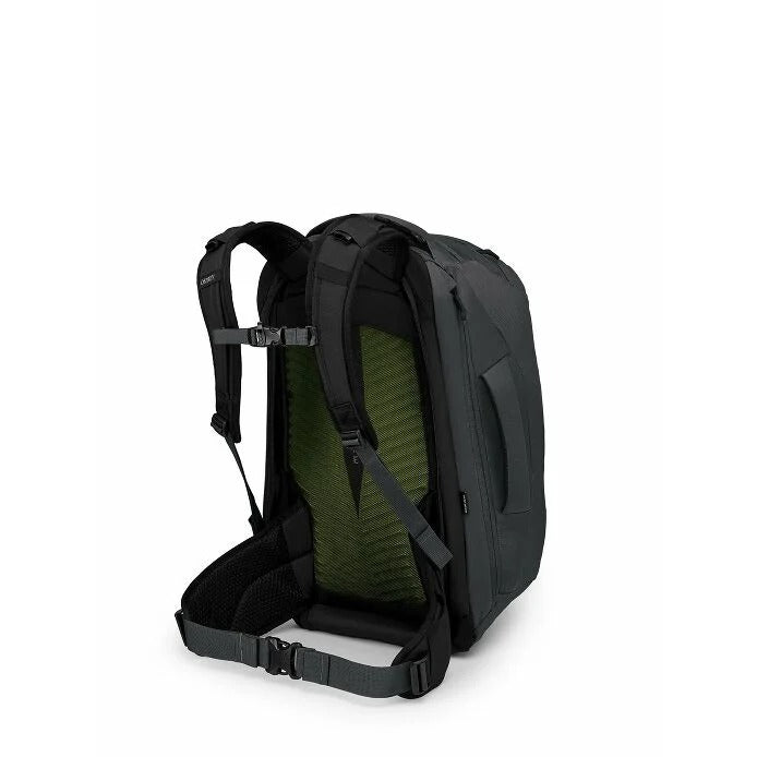 Black backpack with green interior on a white background