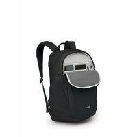 Black daypack backpack with front zip organizer pocket and clear window panel