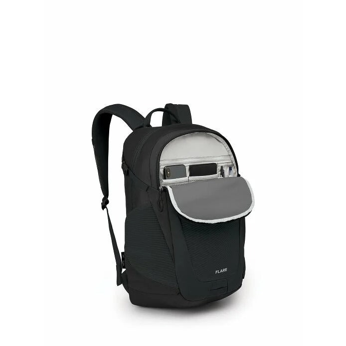 Black daypack backpack with front zip organizer pocket and clear window panel